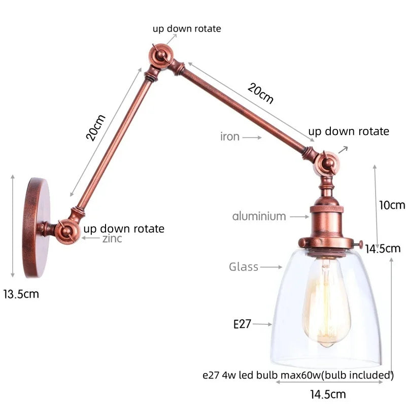 Helnys Vintage Swing Arm Wall Lights with Pull Chain Switch and Glass Ball