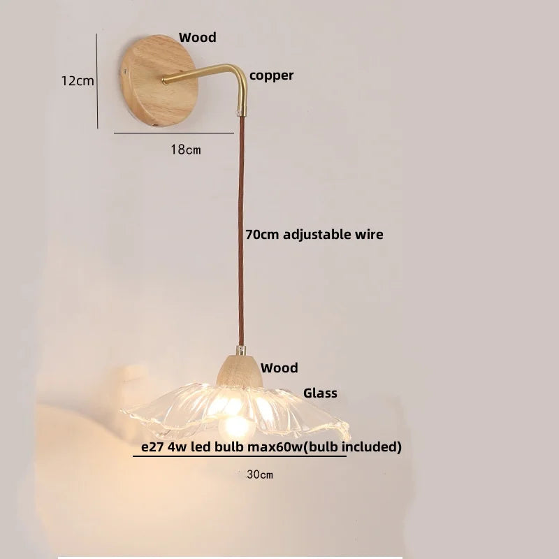 Helnys Wood Glass LED Wall Light Fixture with Pull Chain Switch