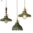 Helnys Green Glass LED Pendant Lights with Walnut Wood Hanging Lamp