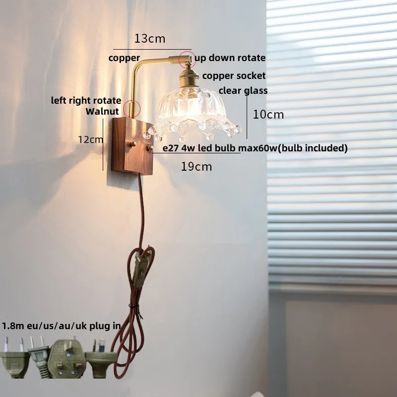 Helnys Nordic Walnut Glass LED Wall Light with Rotatable Brass Finish