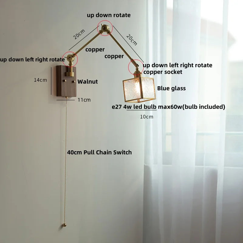 Helnys Modern LED Wall Lamp Glass Pull Chain Switch Rotatable Swing Arms Fixtures