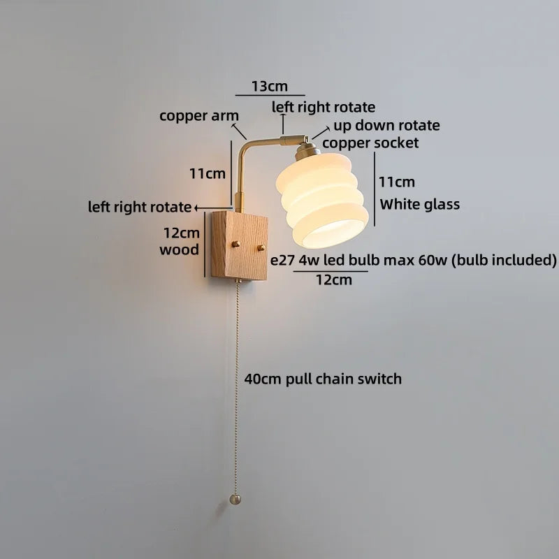 Helnys Nordic Decor LED Wall Sconce Gold Brass White Glass Pull Chain Bedroom Bedside Lamp