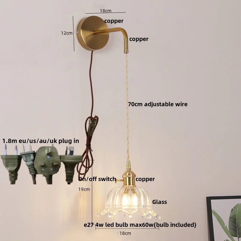 Helnys Copper LED Glass Wall Sconce Pull Chain Switch Adjustable Mirror Light