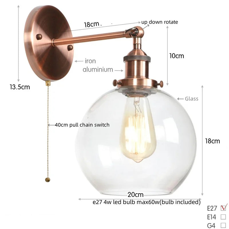 Helnys Glass LED Wall Sconce Industrial Iron Pull Chain Switch Wall Light