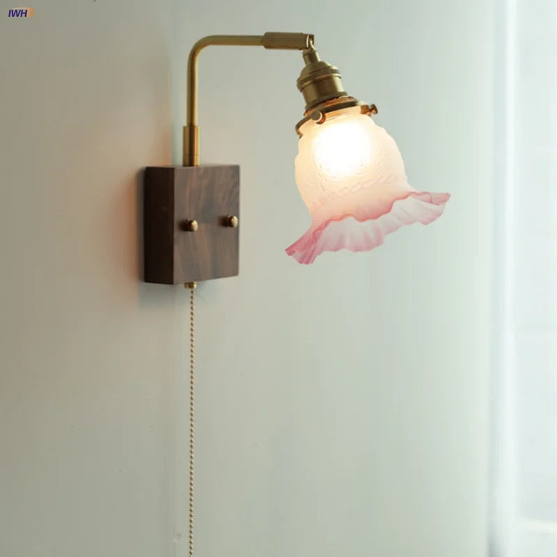 Helnys Glass Pink LED Wall Lights Pull Chain Switch Sconce Mirrror Light
