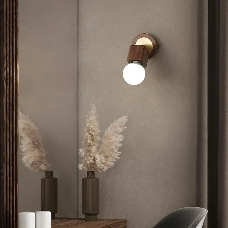 Helnys Wood LED Wall Light with Pull Chain Switch, Modern Copper Vanity Lamp