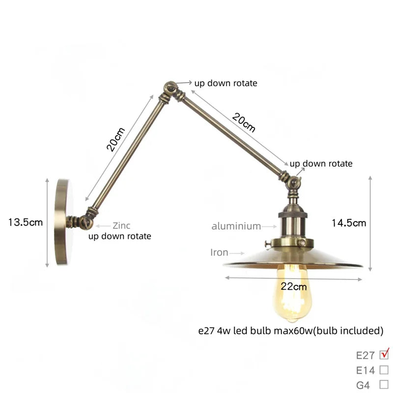 Helnys Vintage Industrial Style Long Arm LED Wall Sconce Bedside Lamp