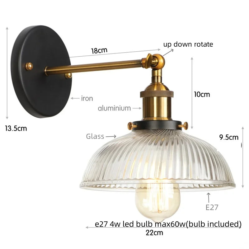 Helnys Vintage LED Wall Light with Pull Chain Switch, Rustic Industrial Bedside Lamp