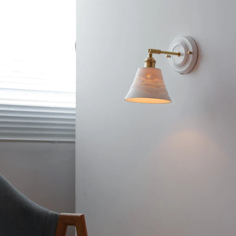 Helnys Ceramic LED Wall Sconce - Copper Arm, Adjustable Pull Chain Switch