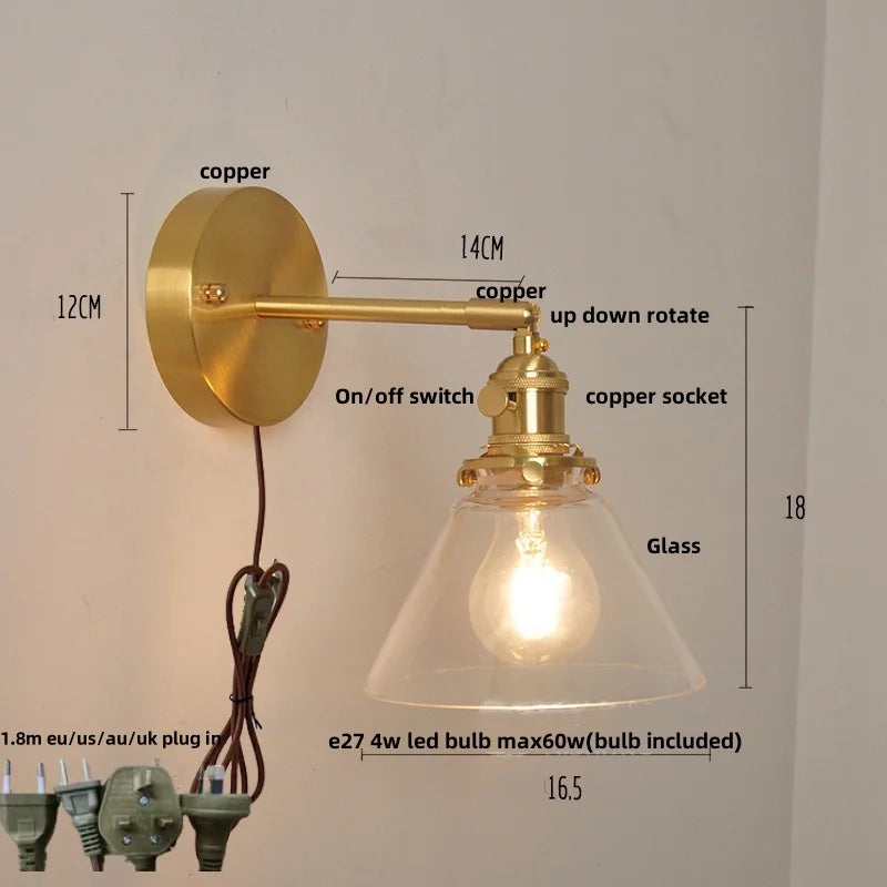 Helnys Nordic LED Wall Light Glass Up Down Rotate Copper Bedside Lamp