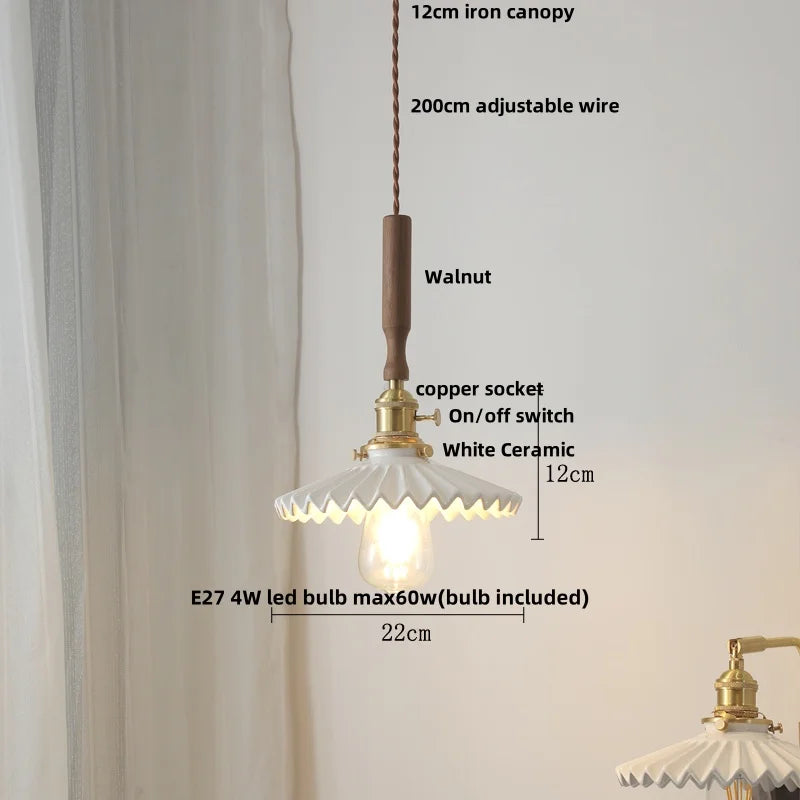 Helnys Ceramic LED Pendant Lamp Walnut Wood Modern Hanging Light Fixtures