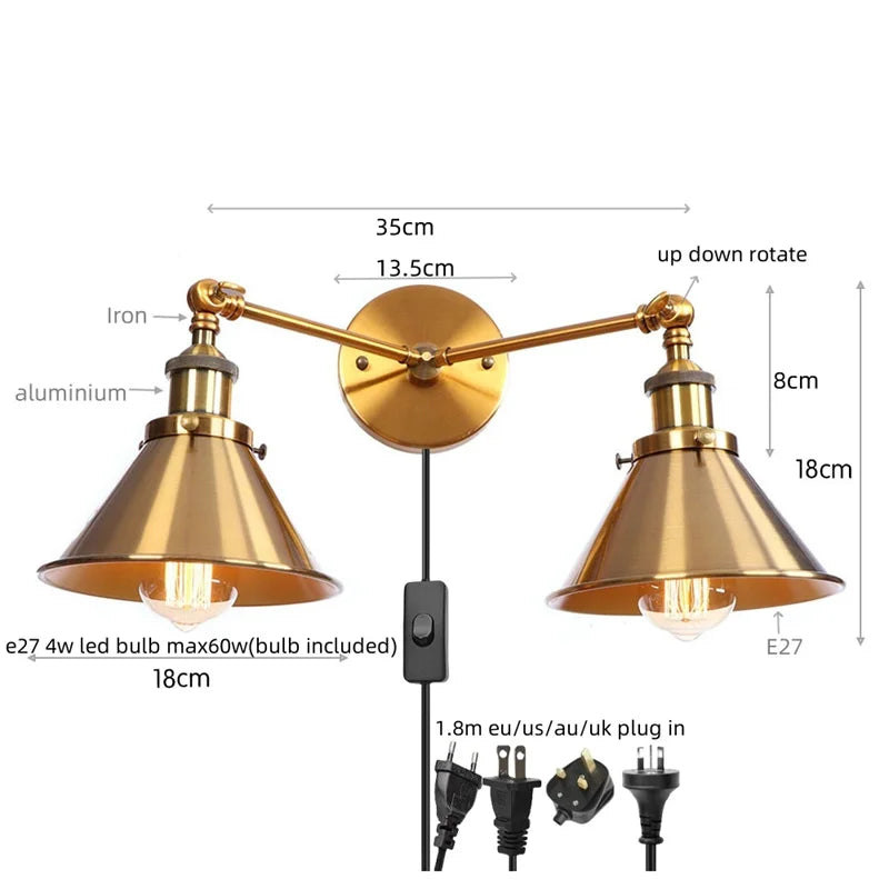 Helnys Industrial Vintage 2-Head LED Wall Light Gold Iron Loft Lamparas De Pared