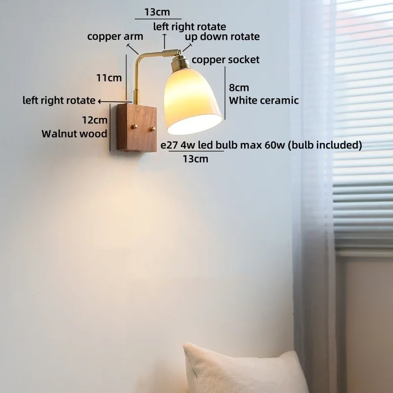 Helnys Vintage Brass Ceramic LED Wall Lamp with Pull Chain Switch