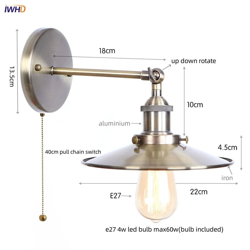 Helnys Loft LED Wall Lamp With Gold Pull Chain Switch - Industrial Vintage Design