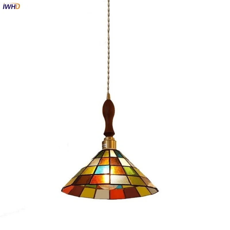 Helnys Vintage Glass LED Pendant Light Fixture Bar Living Room Restaurant Brass Wood
