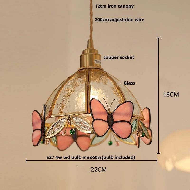 Helnys Butterfly Pink LED Pendant Lamp, Nordic Modern Walnut Wood Glass Hanging Light