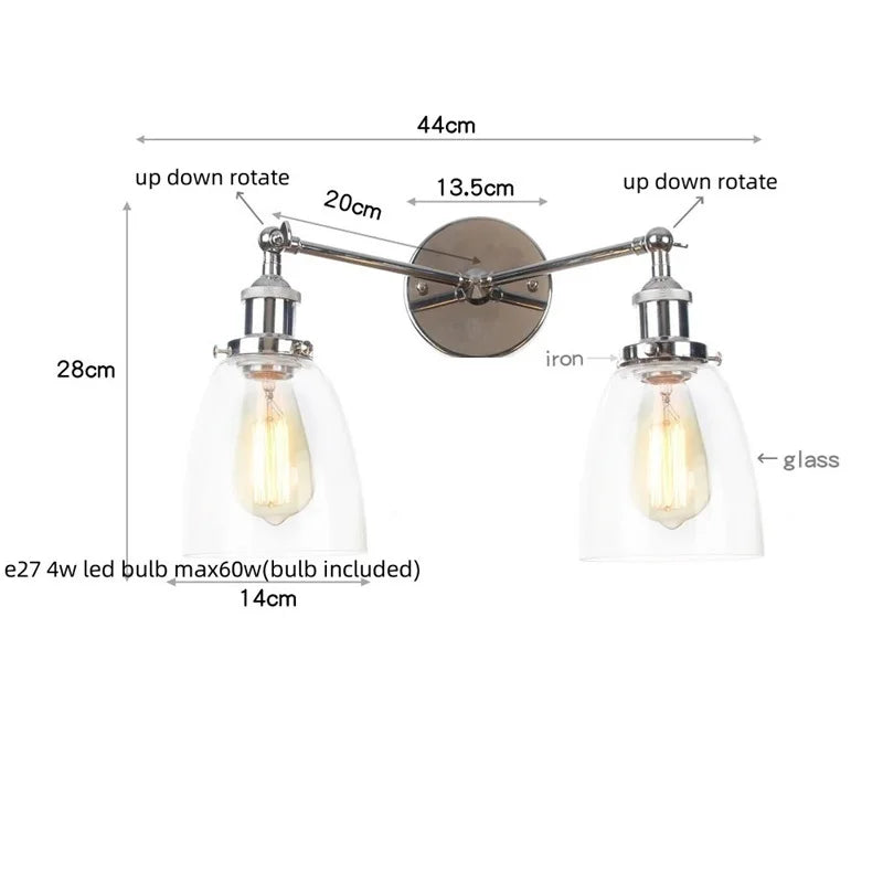 Helnys Retro LED Wall Light Fixtures with Pull Chain Switch, Industrial 2 Heads Sconce