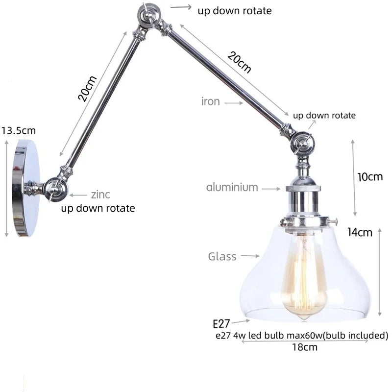 Helnys Chrome Industrial Swing Arm LED Wall Sconce Clear Glass Lamparas De Pared