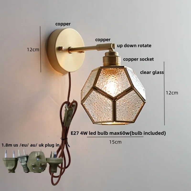 Helnys Square Glass LED Wall Lights Pull Chain Switch Tiffany Style Wandlamp