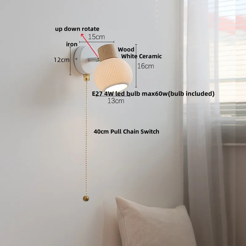 Helnys White Ceramic LED Wall Lights with Pull Chain Switch - Modern Nordic Design