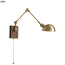 Helnys Nordic Copper LED Wall Lamp with Pull Chain Switch, Wooden Canopy