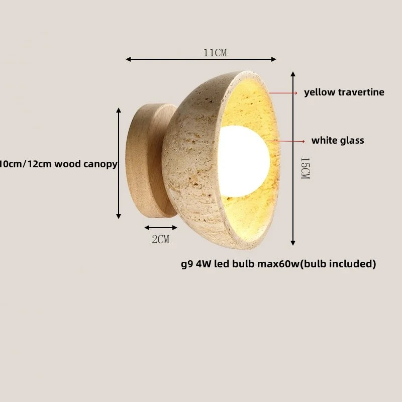 Helnys LED Wall Light with Wood Base, Natrual Yellow Travertine, Nordic Modern Design