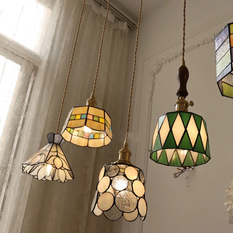 Helnys Green Glass LED Pendant Lamp Coffee Hallway Living Room Vintage Copper