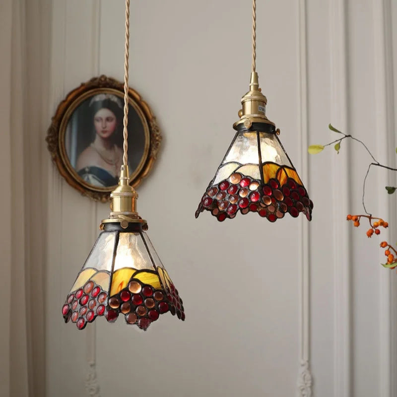 Helnys Vintage Brass Walnut Wood LED Pendant Light with Wine Red Glass