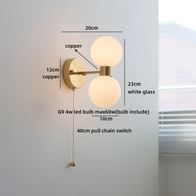 Helnys Gold Copper Glass Ball LED Wall Light Fixture Nordic Modern Bedside Lamp