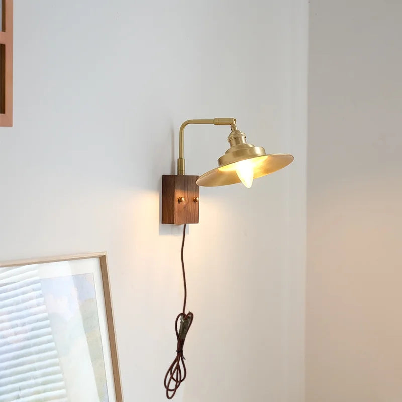 Helnys LED Wall Light Fixture Walnut Wood Copper Bedside Lamp Rotation Dining Room