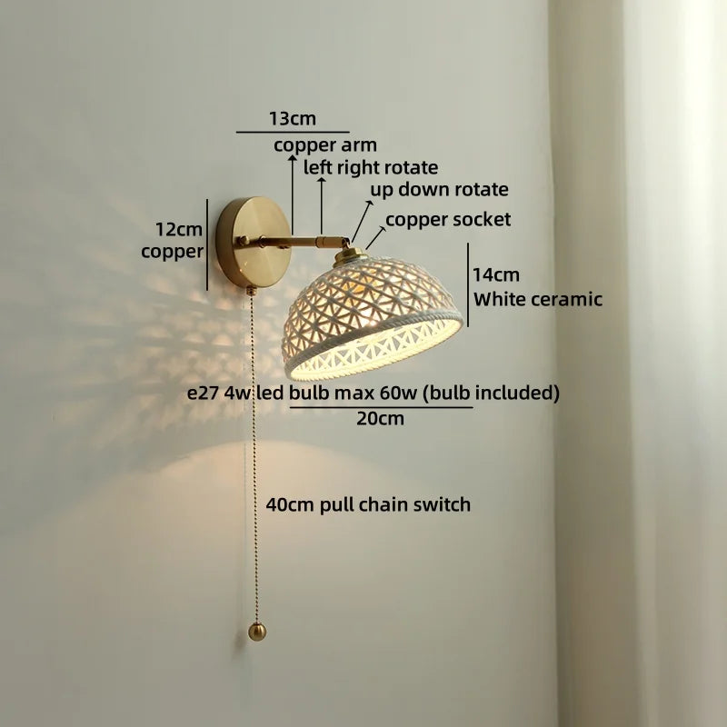 Helnys LED Wall Lamp Bedroom Gold Swing Arm Ceramic Light