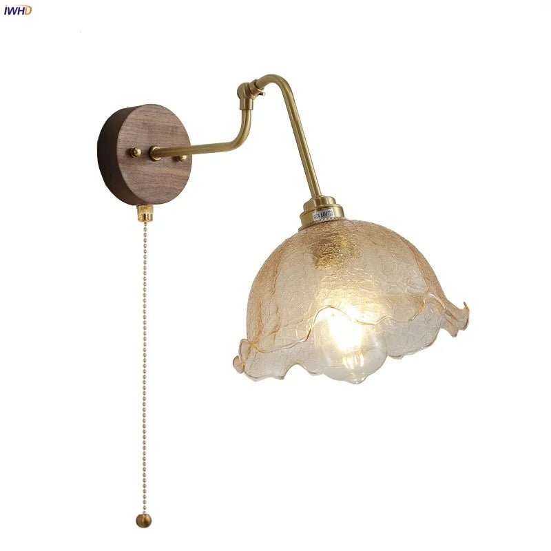 Helnys Amber Glass Wall Lights with Pull Chain Switch and Walnut Canopy