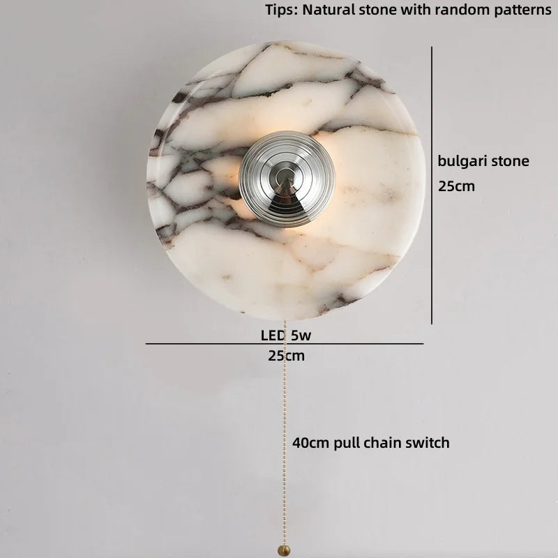 Helnys Round Bulgari Stone Shade Pull Chain Switch LED Wall Lamp for Luxury Living Room