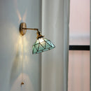 Helnys Tiffany Blue Glass LED Wall Sconce with Rotate Copper Pull Chain Switch