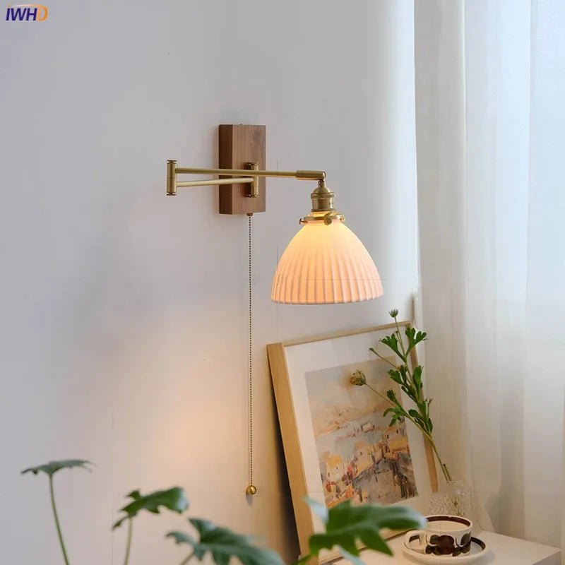 Helnys Walnut Canopy Copper LED Wall Lamp with Rotate Ceramic Lampshade