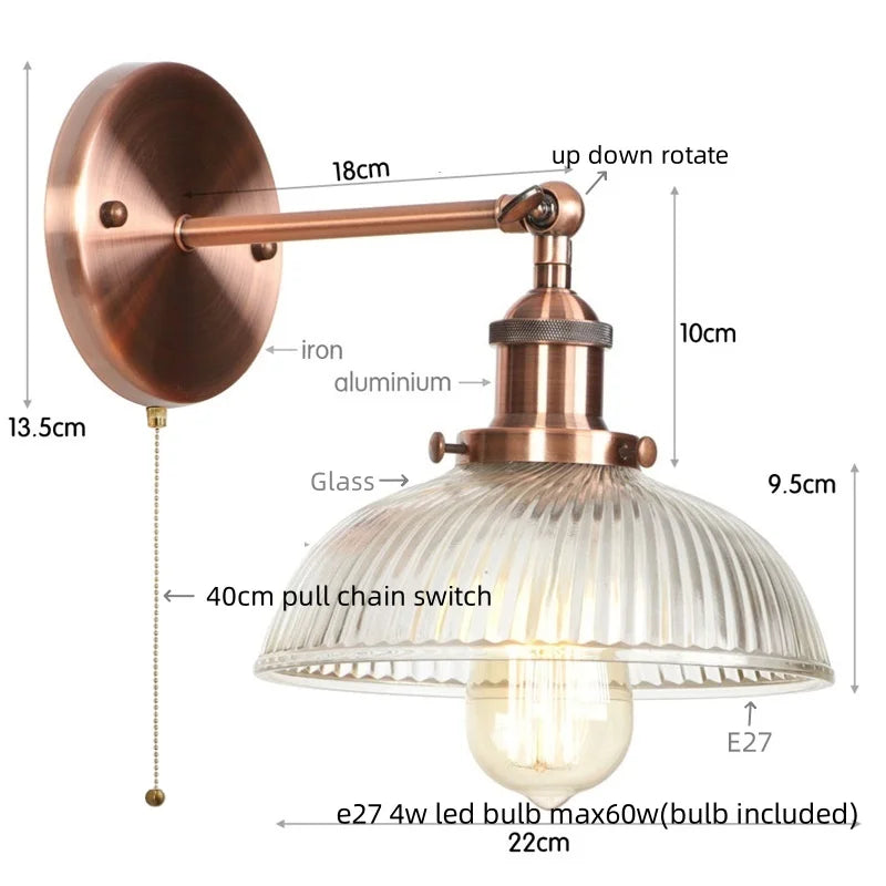 Helnys Vintage LED Wall Light with Pull Chain Switch, Rustic Industrial Bedside Lamp
