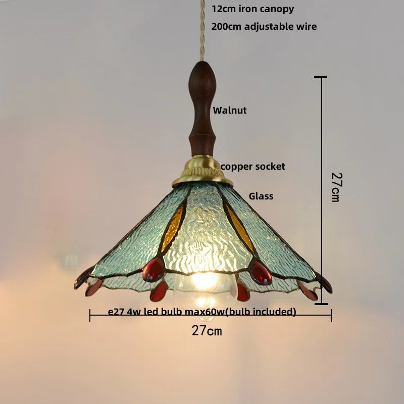 Helnys Tiffany Glass Pendant Lights Vintage Walnut Wood LED Hanging Lamp