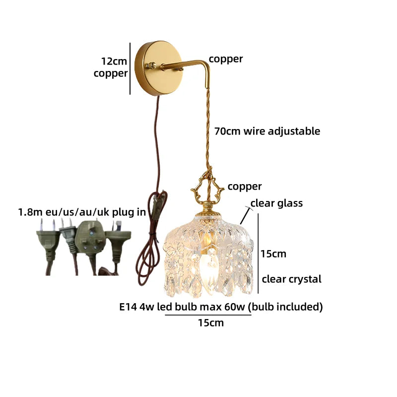 Helnys Nordic Crystal Glass Wall Sconce LED Light Fixture Antique Brass Gold Bedroom Lamp