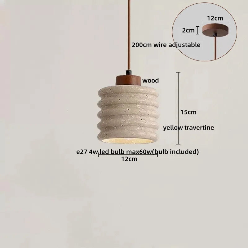 Helnys Yellow Travertine LED Pendant Light Fixture with Adjustable Wire and White Glass