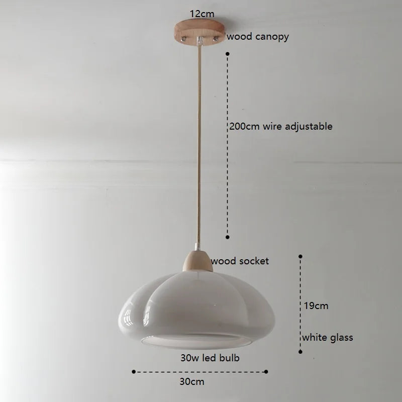 Helnys Glass LED Pendant Light 30W Vintage Wood Hanging Lamp