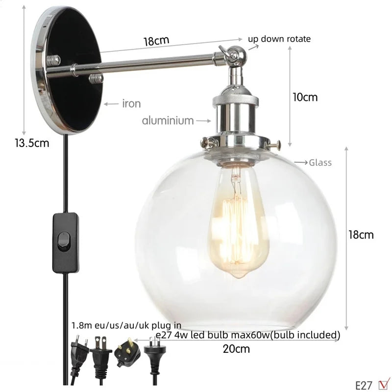 Helnys Glass LED Wall Sconce Industrial Iron Pull Chain Switch Wall Light