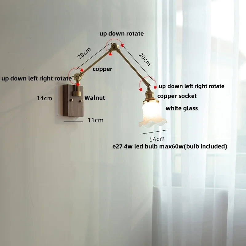 Helnys Yellow Glass LED Wall Lights Walnut Wood Bedside Lamp