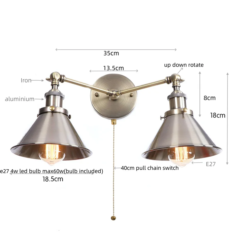 Helnys Industrial Vintage 2-Head LED Wall Light Gold Iron Loft Lamparas De Pared