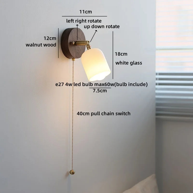 Helnys Nordic LED Wall Sconce White Glass Walnut Wood Stair Light