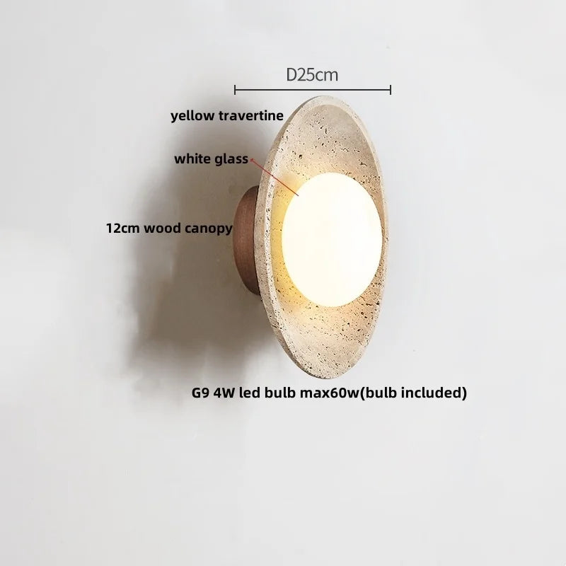 Helnys LED Wall Light with Wood Base, Natrual Yellow Travertine, Nordic Modern Design