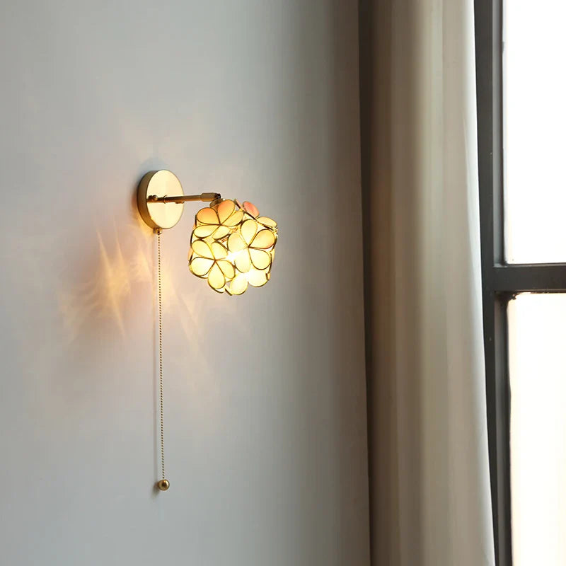 Helnys Pink Flower Glass LED Wall Light Fixture Rotate Copper Wall Lights