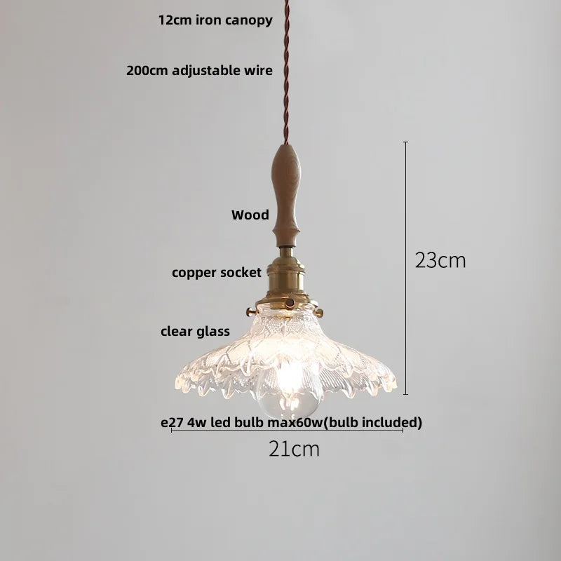 Helnys Glass LED Pendant Lamp with Wood Handle, Nordic Design