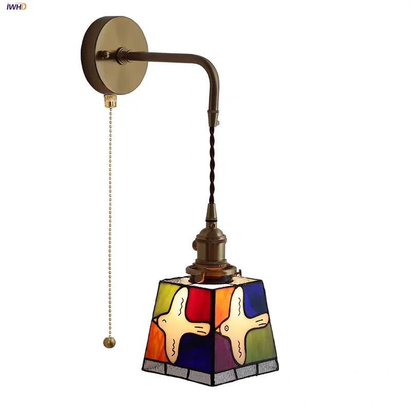 Helnys Tiffany Style LED Wall Sconce with Pull Chain Switch Glass Stair Light