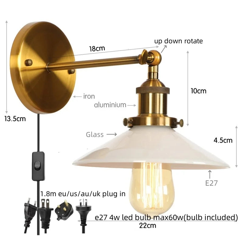 Helnys White LED Wall Lights - Industrial Style Bedside Lamp