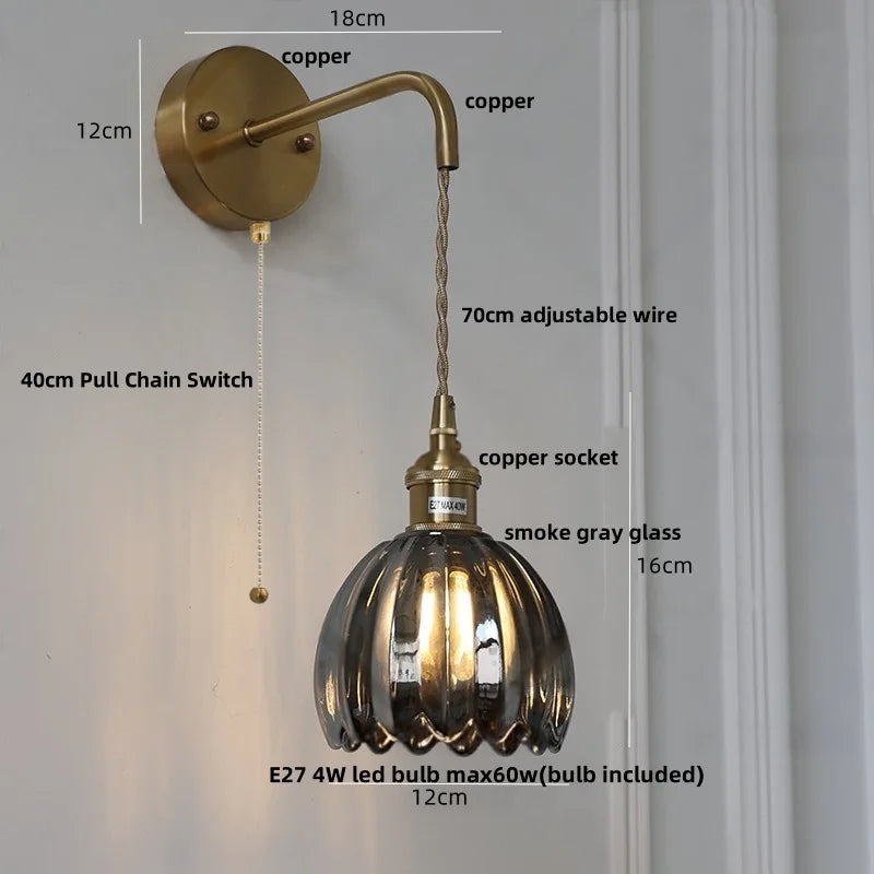 Helnys Smoke Gray Glass LED Wall Light with Pull Chain Switch - Minimalist Design